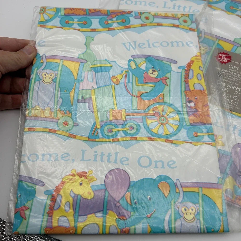 American Greetings Welcome Little One Baby Train Gift Wrap‎ Paper One Sheet x3